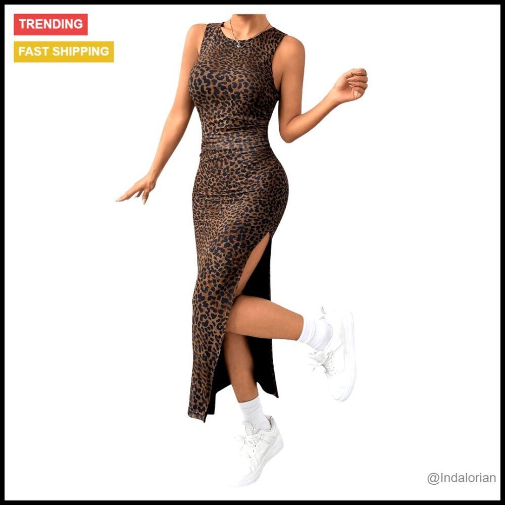 Leopard Print Midi Dress Bodycon Sleeveless Crew Neck Split Hem Summer Chic